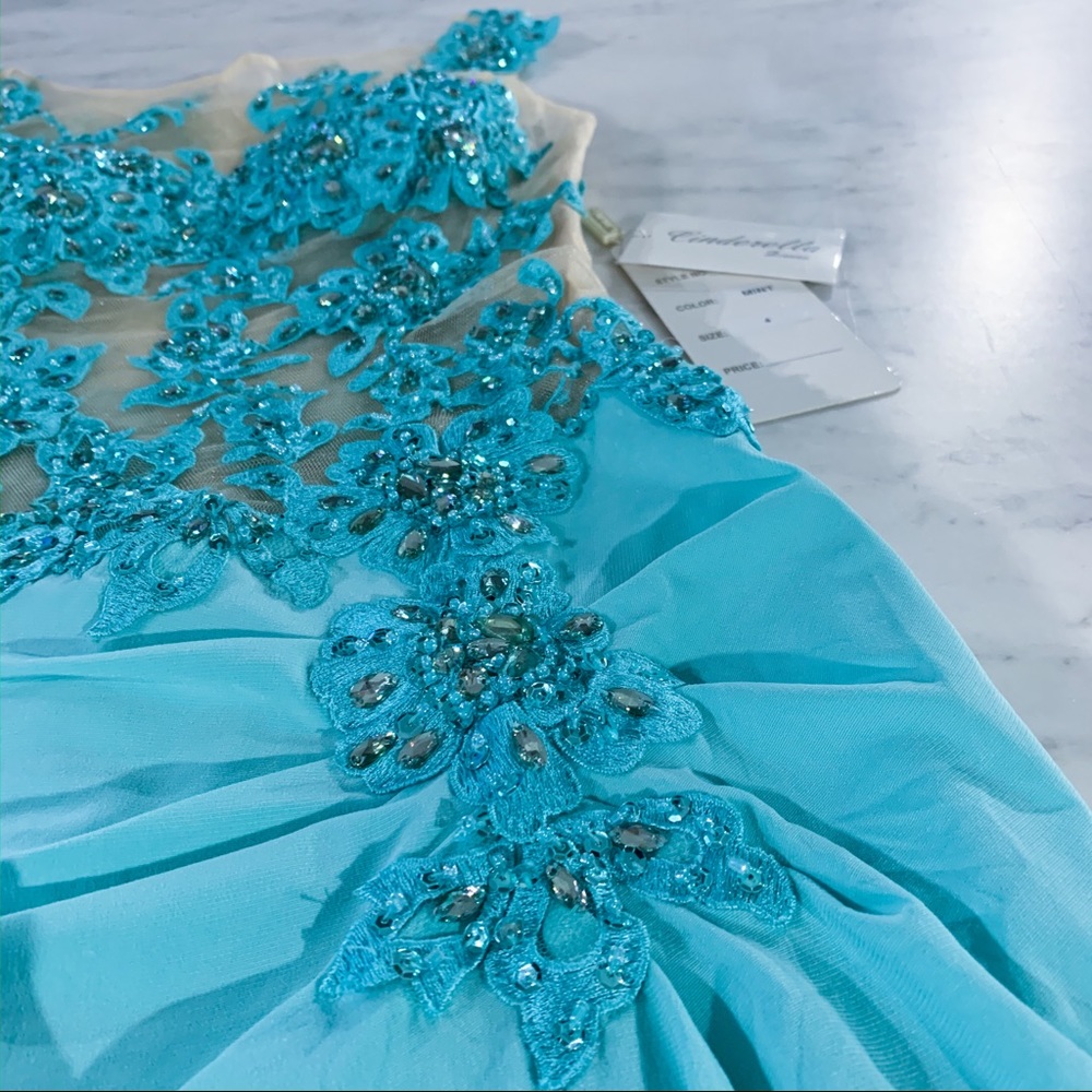 Fitted Illusion Blue Lace Prom Pageant Dress - Picture 8 of 8